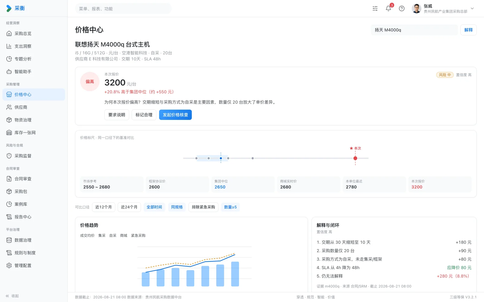 价格中心：报价与集团基准对比及差价解释